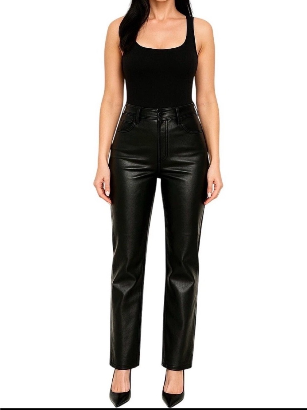 Abercrombie & Fitch Black High-Rise Straight-Leg Faux Leather Jeans